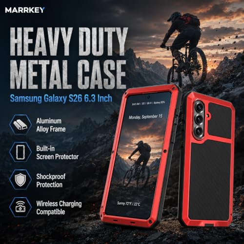 Metal Case for Samsung Galaxy S26 Case 6.3",Full Body Protective Cover Heavy Duty Shockproof [Tough Armour] Aluminum Alloy Case with Silicone Built-in Screen Protector - Red - color: Red