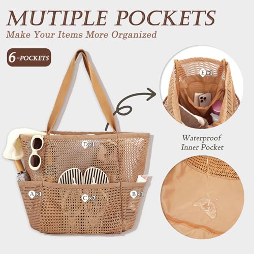 GYEUKHAM Mesh Beach Bag for Women, Sand-Resistant Pool Tote, 9 Pockets (1 Inner Zip), Foldable Family Travel Essentials - color: 6 Pockets-tan