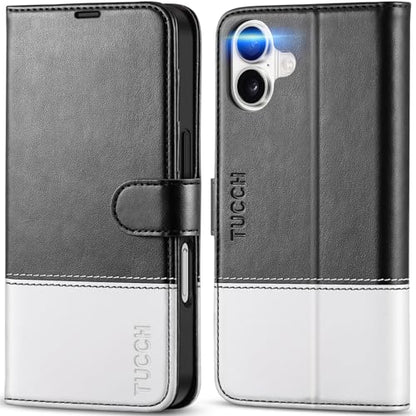 TUCCH Wallet Case for iPhone 16 (6.1") 2024, 4 Card Holders, Black & White | RFID Blocking, Viewing Stand, Shockproof TPU Shell, PU Leather, Magnetic Closure, Protective Folio Flip Cover - color: Black & White