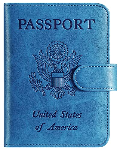 Passport Holder Cover Wallet RFID Blocking, Travel Essentials | Leather Card Case, Travel Accessories for Women Men, Blue - color: Blue