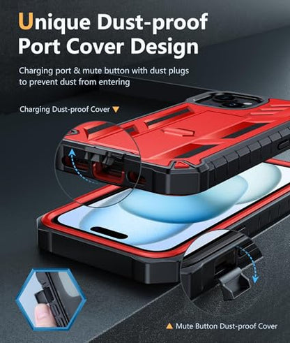 FNTCASE for iPhone 15/14/13 Case, Built-in Screen Protector, Kickstand Red | 20FT Military-Grade Drop Protection, Anti-Slip Matte Textured, Rugged Heavy Duty Shockproof Protective Phone Cover, Red - color: Red
