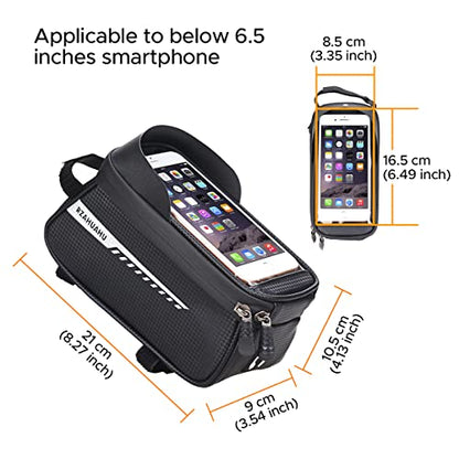 ENGWE Bike Front Frame Bag, Waterproof Bike Phone Holder Mountain Bicycle Handlebar Pouch Cycling Storage Bag with TPU Touch-Screen Sun-Visor Rain Cover for Phones under 6.5”