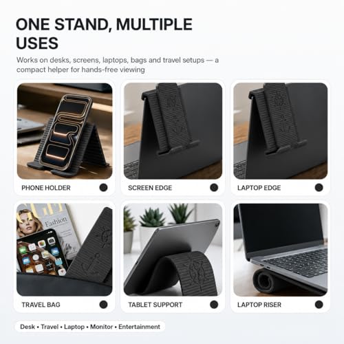 Silicone Phone Stand, Foldable Holder with Cable Cutout, Aluminum Core - color: Black