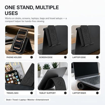 Silicone Phone Stand, Foldable Holder with Cable Cutout, Aluminum Core - color: Black
