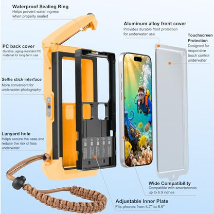 100FT/30M Gen 5 Diving Phone Case, Full Touchscreen Underwater Housing for iPhone 17-12 Pro Max & Samsung Galaxy S26 - S21, IPX8 Scuba Photo/Video Waterproof Case - color: Black_Orange