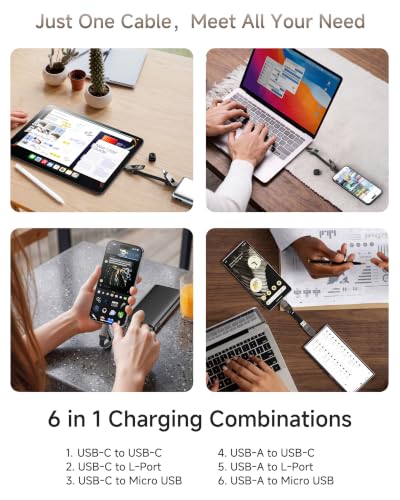 6-in-1 Keychain Charging Cable, Travel Essentials 60W PD Fast Charging Multi Charger Cable with USB-C, USB-A, L & Micro USB, Portable Magnetic Charger Cord for iPhone,iPad,MacBook,Cruise Accessories
