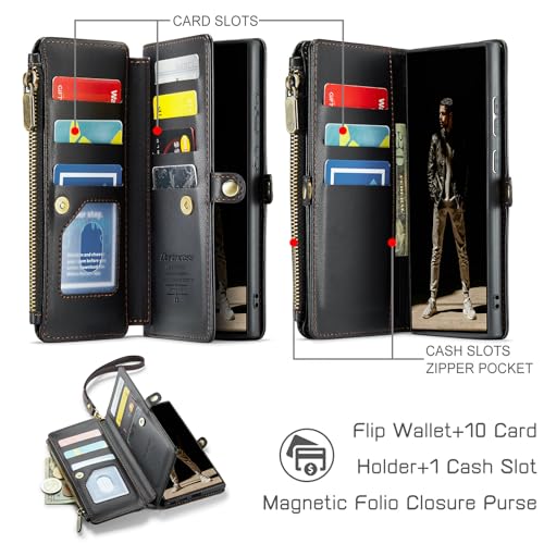 Defencase for Samsung Galaxy S25 Ultra Wallet Case with Card Holder, Black | with RFID Blocking Zipper Pocket, Durable PU Leather, Wrist Strap, S25 Ultra Flip Phone Cases Cover with Stand for Women Men - color: Black