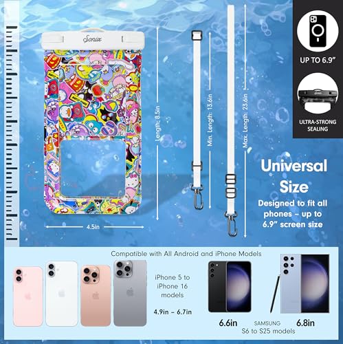 Sonix x Sanrio Waterproof Phone Pouch - Floating Phone Case Dry Bag w/Crossbody Lanyard - Beach Cruise Travel Essentials - Compatible w/All Devices, Touchscreen Friendly | Hello Kitty Stickers - color: Hello Kitty and Friends Stickers