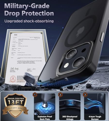 Newfuture Magnetic for iPhone 13/iPhone 14 Case Matte Shockproof, Black | Military Drop Protection, Slim Matte Anti-Fingerprint, Compatible with Magsafe, Camera Guard, Translucent Protective Cover - color: Black, size: iPhone 13/iPhone 14 6.1inch