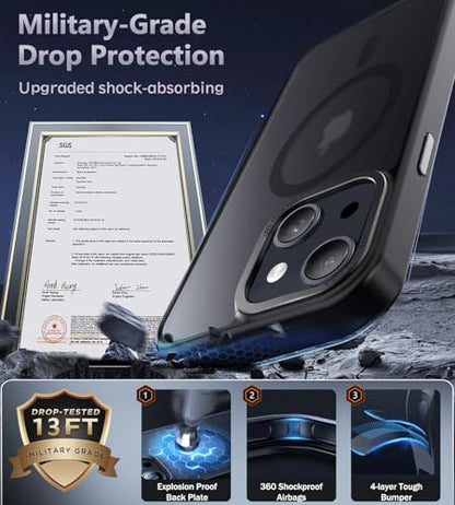 Newfuture Magnetic for iPhone 13/iPhone 14 Case Matte Shockproof, Black | Military Drop Protection, Slim Matte Anti-Fingerprint, Compatible with Magsafe, Camera Guard, Translucent Protective Cover - color: Black, size: iPhone 13/iPhone 14 6.1inch