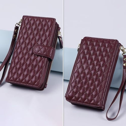 for iPhone 16e/17e Case Wallet,Compatible with MagSafe Magnetic 2 in 1 Magnetic Detachable PU Leather RFID Blocking Wallet Cover Card Holder Zipper Wrist Strap Lanyard,Quilted Wine Red - color: Quilted Wine Red