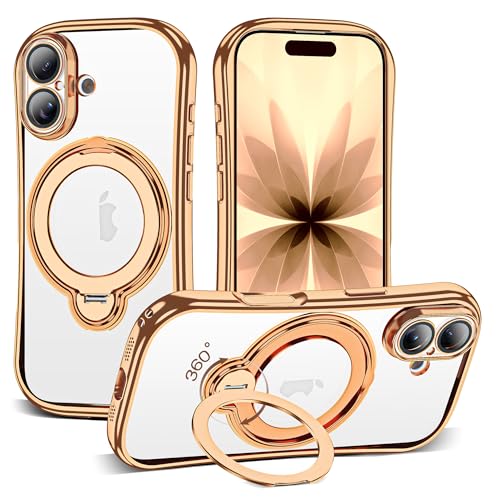 Clear Phone Case for iPhone 17 6.3", Gold | Compatible with iPhone 17 Case with 360° Rotatable Magnetic Ring Stand Full Camera Lens Protector Plating Mag-safe Case - color: Desert Gold, size: Iphone 17
