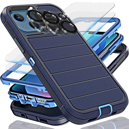 YmhxcY for iPhone 13 Case, 2X Glass Screen and Camera Protector, 3 in 1 Heavy Duty Shockproof Drop Protection Stripe Rubber Cover for 13 6.1"-Dark Blue - color: Dark Blue