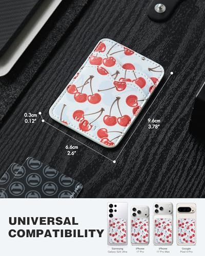 VULKIT Stick on Card Holder Compatible for iphone Leather Cell Phone Wallet Credit Card Case Strong Sticker for Women - color: Cherry Breeze
