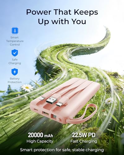 VRURC Portable Charger 20000mAh 4-Built-in-Cable Fast Charging Power Bank - color: Pink