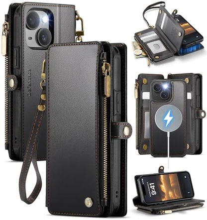 Defencase for iPhone 14 Plus Case Wallet Compatible with Magsafe, Black | Drop-Proof Magnetic Detachable Phone Cases Cover, with RFID Bolcking Card Holder, Zipper Strap, PU Leather, Removable Wallet - color: (Detachable with Magsafe)-Black