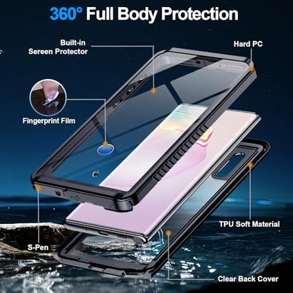 xiwxi for Samsung Galaxy Note 10 Case Waterproof,[IPX8 Underwater Case][Full Body Shockproof & Military Dropproof] Clear Sound Quality Built-in Screen Protector for Samsung Note 10 6.3 inch-Black - size: For Samsung Note 10-6.3"