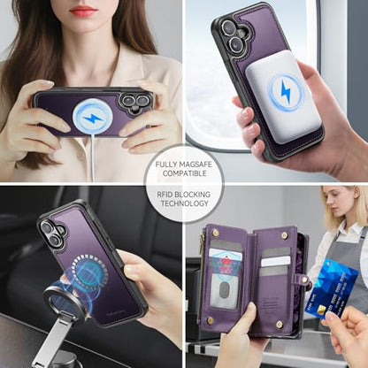 Defencase for iPhone 17 Phone Case Wallet Compatible with Magsafe, Purple | Magnetic Detachable, Drop-Proof Protective Wallet Cases Cover, with RFID Bolcking Card Holder, Zipper Strap, Soft PU Leather - color: (Detachable with Magsafe)-Purple