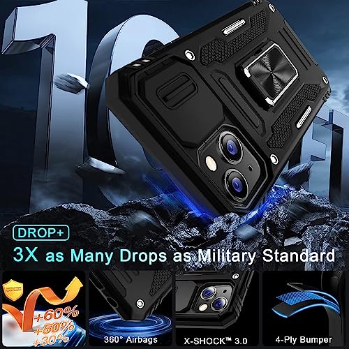 DEERLAMN Case for iPhone 13/iPhone 14 6.1-Inch with Slide Camera Cover+Screen Protector(2 Packs),Rotated Ring Kickstand Military Grade Shockproof Protective Cover-Black - color: Black