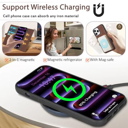 for Wallet Case Compatible with iPhone 16 Pro Max,Multi-Function Detachable 2 in 1 Magnetic iPhone 16 Pro Max Case Wallet,Flip Strap Zipper Card Holder Phone Case with Shoulder Straps(Brown) - color: Brown, size: iPhone 16 pro max