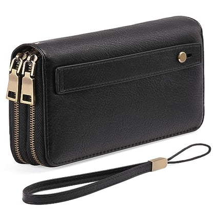 GAEKEAO RFID Leather Wristlet Wallet for Women with Grip Strap | Large capacity clutch wallet, credit card holder, wrist strap, zipper purse, travel and shopping - color: A03 Retro Black