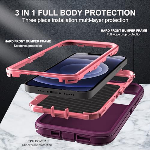 YKHJKLEC for iPhone 12/12 Pro Case, Compatible with Magsafe, Military Grade 3 in 1 Heavy Duty Shockproof/Drop Proof/Dust Proof with 2Pcs Tempered Glass Screen Protector (New-Purple/Pink) - color: New-Purple/Pink