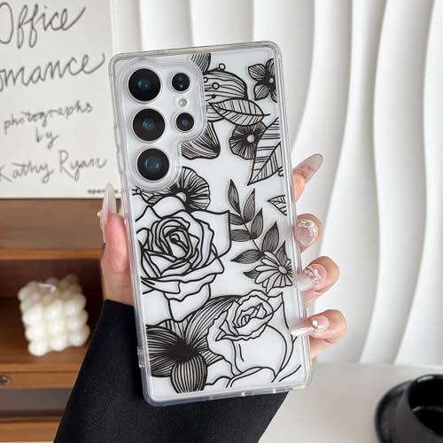 XIZYO for Samsung Galaxy S25 Ultra Case Cute Floral, Transparent Black | Girly Women Flower Rose Clear Aesthetic Pattern, Slim Not-Yellowing TPU Bumper Shockproof Protective Cover - color: Transparent Black, size: for Samsung Galaxy S25 Ultra