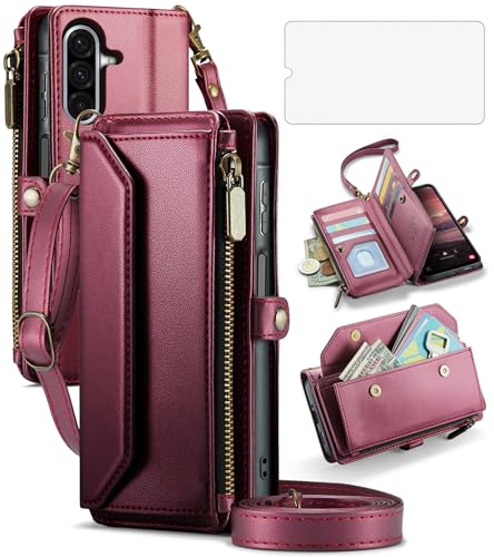 Asuwish Phone Case for Samsung Galaxy A17 5G Zipper Wallet Cover with Tempered Glass Screen Protector and Leather Flip RFID Blocking Credit Cash Card Holder Stand Cell A 17 17A 4G Women Girls Wine Red - color: Wine Red