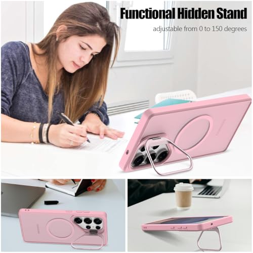 Nvollnoe for Samsung S25 Ultra Case Compatible with MagSafe Military Grade Shockproof Heavy Duty Protective Adjustable Kickstand Matte Semi Clear Phone Cover for Samsung S25 Ultra(Pink) - color: Pink