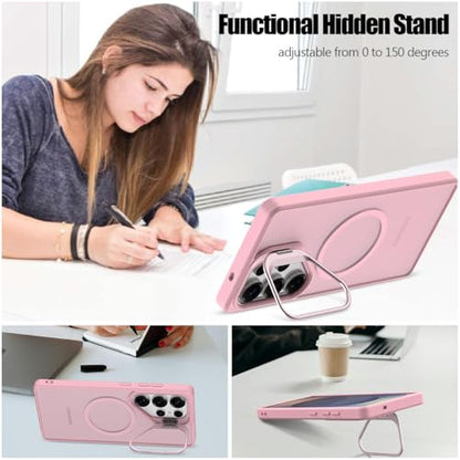 Nvollnoe for Samsung S25 Ultra Case Compatible with MagSafe Military Grade Shockproof Heavy Duty Protective Adjustable Kickstand Matte Semi Clear Phone Cover for Samsung S25 Ultra(Pink) - color: Pink
