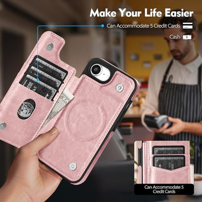 SkyEagle Compatible with MagSafe iPhone 17e / 16e Case Wallet,Pink | Magnetic Clasp,RFID Blocking,PU Leather,Flip Folio Shockproof Phone Cover,with Credit Card Slots & Kickstand for Men & Women - color: Pink