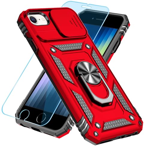 SunStory Compatible with iPhone SE 2022/2020/3rd/2rd / 6/7/8 Case with HD Screen Protector & Slide Camera Cover & Kickstand, [Military-Grade] Phone Case for iPhone SE 2020/2022/6/7/8 (Red) - color: Red