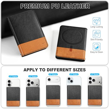 TUCCH Magnetic Card Wallet, 6 Card Holders, Textured Black & Light Brown | RFID Blocking, Compatible with Magsafe, for iPhone 17/17e/16/15/14/13/12 Pro/Pro Max/Plus, Clear ID Window, PU Leather - color: Textured Black & Light Brown