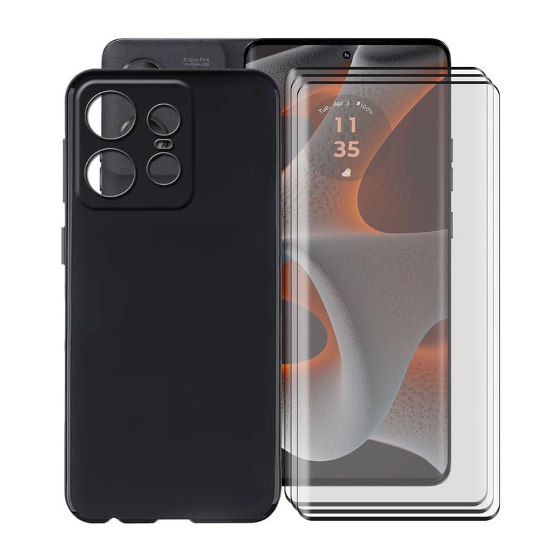 Phone Case for Motorola Edge 50 Pro (6.70") + 3 Pack Tempered Glass Protective Film, Soft Silicone Shockproof X Anti Scratch Shell TPU Slim Cover for Motorola Edge 50 Pro - Black