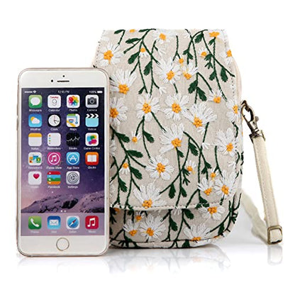 SILKAREA Embroidered Cute Mini Crossbody Bag for Women Small Handbags Wristlet Wallet Bag Cell-phone Pouch Coin Purse - color: Chamomile Beige