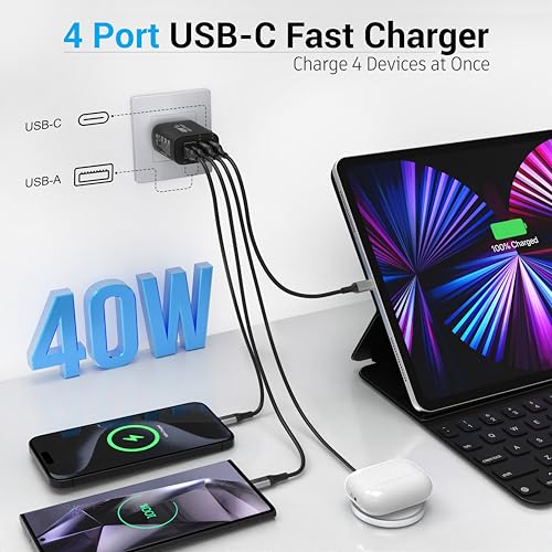 TT&C USB C Charger Block, 40W 4 Ports Wall Charger for iPhone 17,16,15,14 - color: Black 1Pack