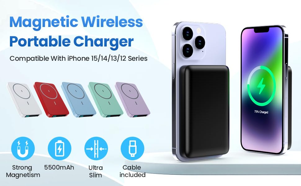 Magnetic Portable Charger Power Bank,Slim 5500mAh LCD Display Wireless Portable Charger,PD USB-C in&Out Travel Essentials Battery Pack Compatible with Magsafe,iPhone 17/16/15 Pro/14/13/12 Series