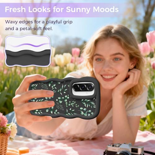 for Galaxy A36 Phone Case, Wavy Soft TPU, Black-Eucalyptus | Wavy Frame Design, Soft Slim TPU, Full Camera Lens Protection, Shockproof Phone Cover - color: Black-Eucalyptus, size: Samsung A36