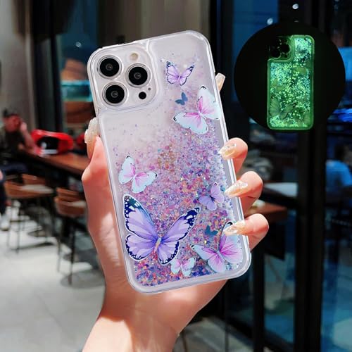 Compatible with iPhone 16 Pro Max Glitter Butterfly Case Glow in The Dark Women Girls Girly Bling Sparkle Flowing Quicksand Light up Case Soft TPU Bumper Luminous Clear Phone Cover, Purple - color: Purple, size: iPhone 16 Pro Max