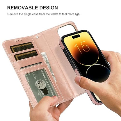 Bocasal Detachable Wallet Case Card Holder for iPhone 15 Pro, Rose Gold | RFID Blocking Kickstand Card Slots Holder PU Leather Magnetic Shockproof Wrist Strap Removable Flip Protective Cover 6.1 inch - color: Rose Gold