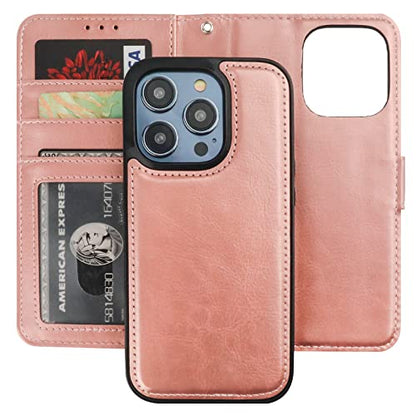 Bocasal Detachable Wallet Case Card Holder for iPhone 14 Pro, Rose Gold | RFID Blocking Kickstand Card Slots Holder PU Leather Magnetic Shockproof Wrist Strap Removable Flip Protective Cover 6.1 inch - color: Rose Gold