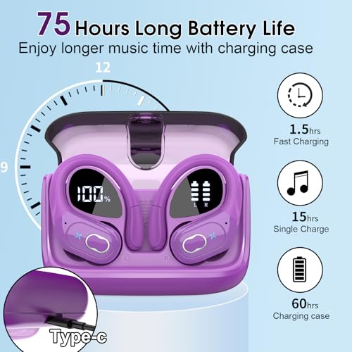 Wireless Earbuds 75H Bluetooth 5.4 Sport Headphones with Earhooks, Purple - color: Purple