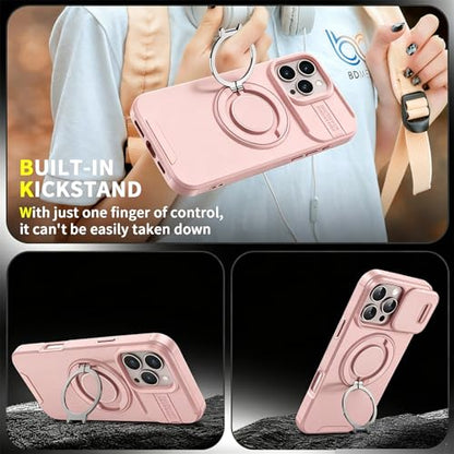 Rugged Shockproof Case for iPhone 17 Pro Max, Heavy Duty Protective Phone Case with Slide Camera Cover, 360° Rotatable Ring Stand & Magnetic Car Mount Compatible (Pink,iPhone 17 Pro Max) - color: Pink