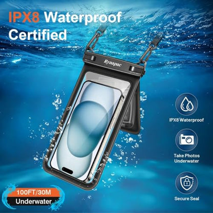 Rynapac IPX8 Double Space Waterproof Phone Pouch up to 8.5'', 2 Pack | Face Unlock, Touchscreen, Underwater Photography, for iPhone 17 16 15 14 Pro Max, Includes Lanyard, Beach Cruise Essentials - color: Black & Sky Blue