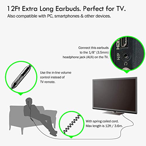 12Ft Extra Long Earbuds for TV & PC, in-Ear Wired Headphones, 3.5mm Jack