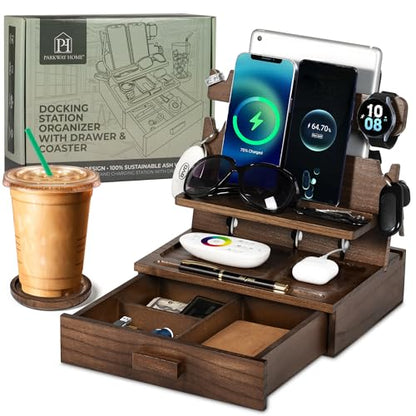 Wood Phone Docking Station for up to 3 Phones, Samsung Galaxy Watch Compatible Nightstand Organizer with Drawer for Valuables for Men & Women, Holds Phones, Tablets, Keys, Rings, Glasses, Watches, EDC