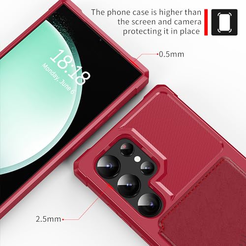 for Samsung Galaxy S24 Ultra Case with Card Holder, Compatible with Magnetic Car Mount, Heavy Duty Shockproof Rugged Soft TPU Back Leather Flip Wallet Cover 6.8 inch, Red | Compatible with Magnetic Car Mount, Shockproof Rugged Soft TPU Hard Back Leather W