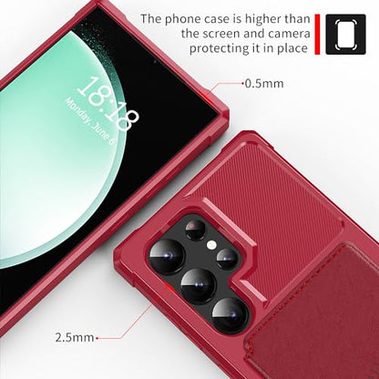 for Samsung Galaxy S24 Ultra Case with Card Holder, Compatible with Magnetic Car Mount, Heavy Duty Shockproof Rugged Soft TPU Back Leather Flip Wallet Cover 6.8 inch, Red | Compatible with Magnetic Car Mount, Shockproof Rugged Soft TPU Hard Back Leather W