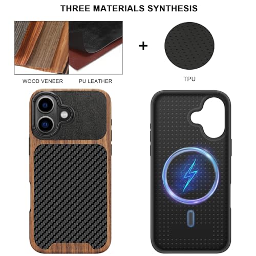 TENDLIN Magnetic Case Compatible with iPhone 16 Plus Phone Case Wood Grain with Carbon Fiber Texture Design Leather Hybrid Slim Case (Compatible with MagSafe) Black - color: Magnetic Black, size: iPhone 16 Plus