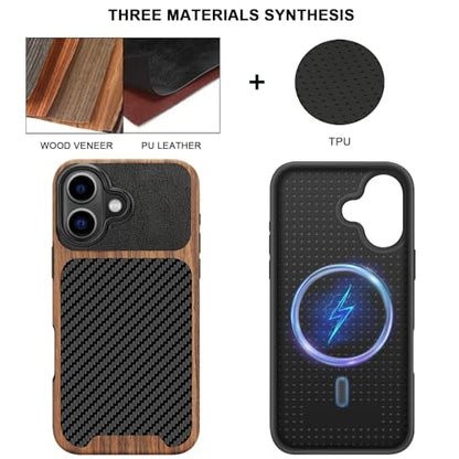 TENDLIN Magnetic Case Compatible with iPhone 16 Plus Phone Case Wood Grain with Carbon Fiber Texture Design Leather Hybrid Slim Case (Compatible with MagSafe) Black - color: Magnetic Black, size: iPhone 16 Plus